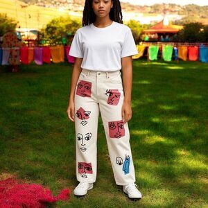 Just Black x True Lucia  Hand Painted Faces Jeans One of a Kind Streetwear W30